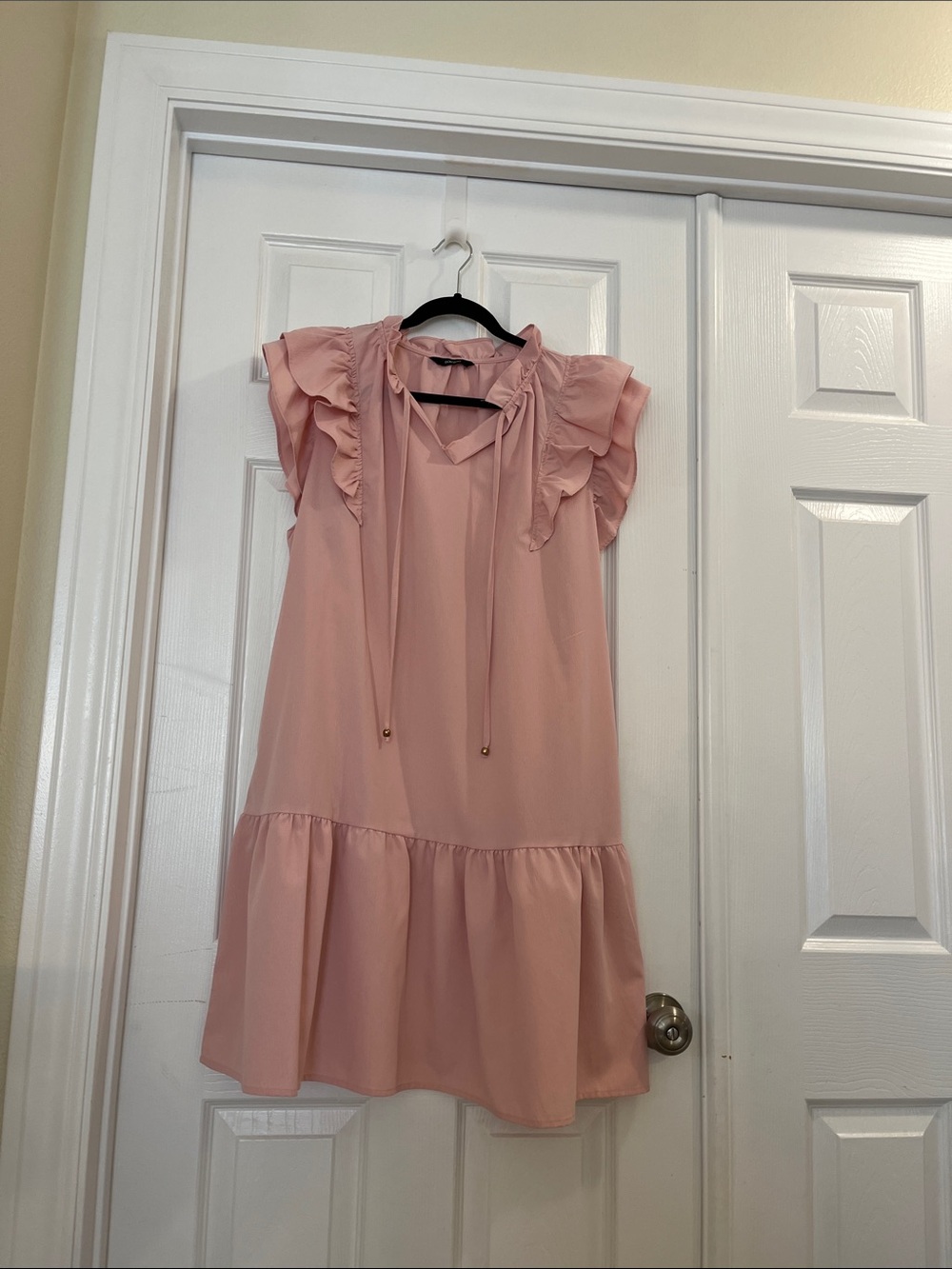 Blush Pink Ruffled Tie-Neck Mini Dress